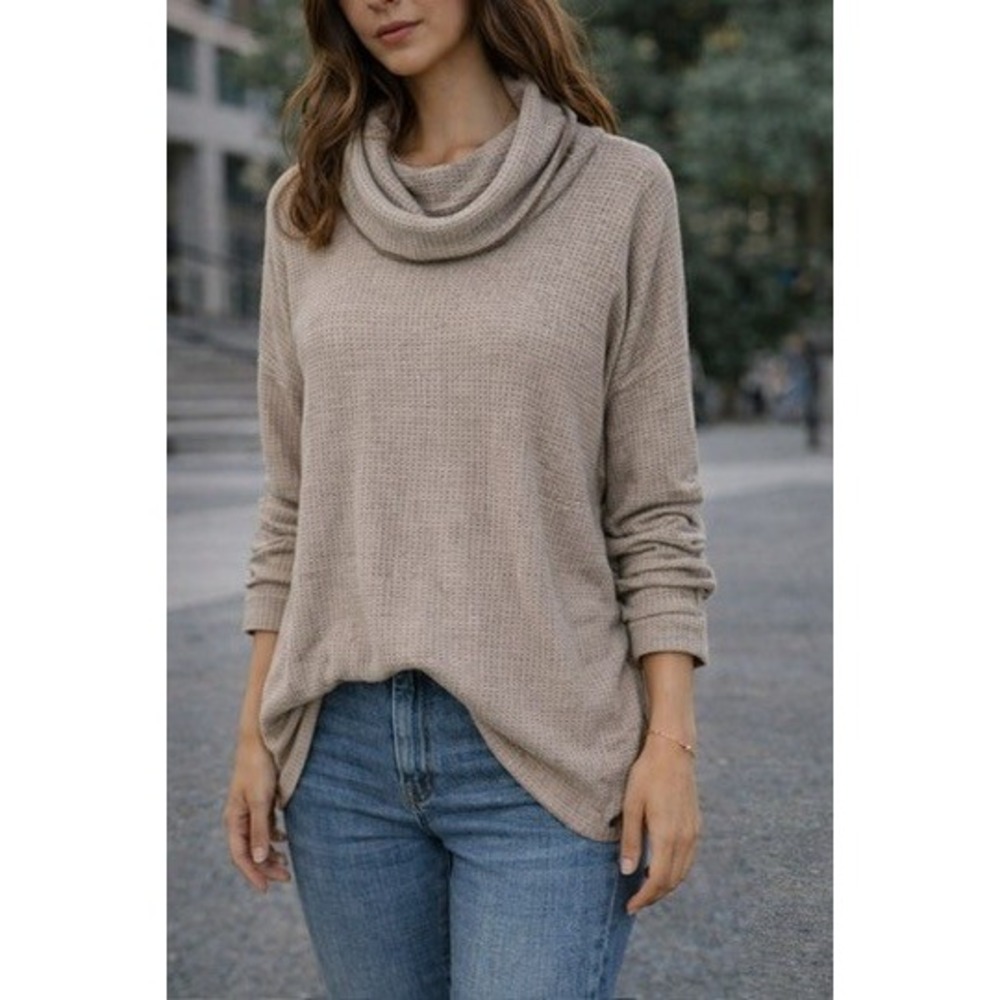 LOFT Tan Waffle Knit Cowl Neck Glitter Sparkle Long Sleeve Tunic Sweater Top